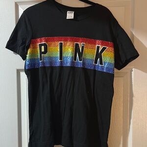 PINK Victoria's Secret Black and Rainbow Short Sleeve Tee